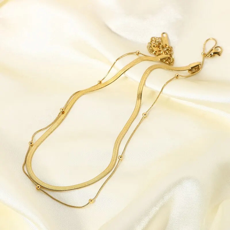 Women Luxury 14K Gold Plated Multi-layer Round Beads Necklace Daily Wearing Tarnish Proof Waterproof Stainless Steel Jewelry