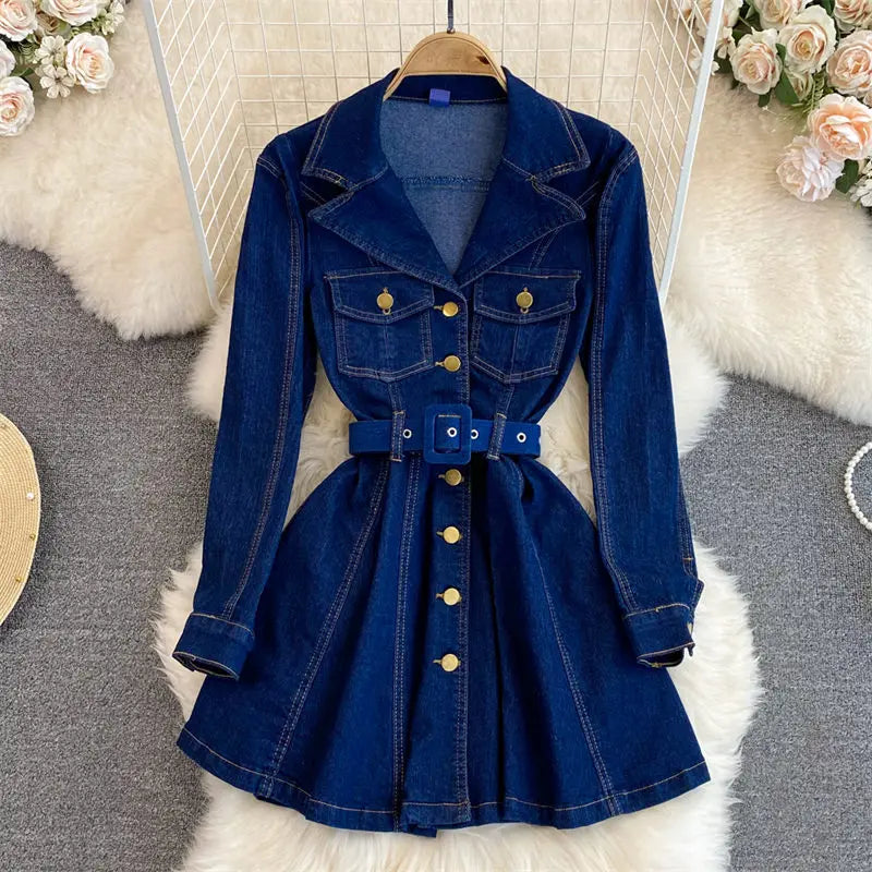 2023 Spring Autumn Retro High Quality Long Sleeve Suit Collar Double Breasted Slim A Line Denim Dress Women Shirt Jacket T1485