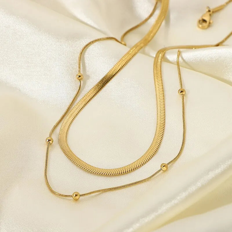 Women Luxury 14K Gold Plated Multi-layer Round Beads Necklace Daily Wearing Tarnish Proof Waterproof Stainless Steel Jewelry