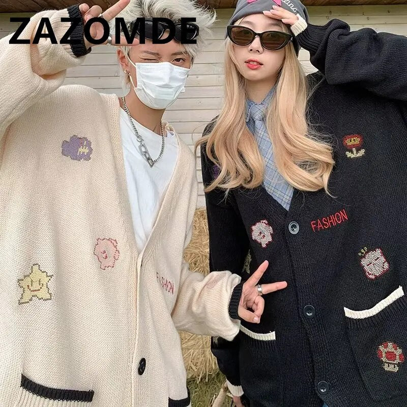 ZAZOMDE Autumn Winter Couple Cardigan Coat Warm Knitwear Sweater Jacket Pocket Embroidery Fashion V-Neck Loose Sweaters Coat Men