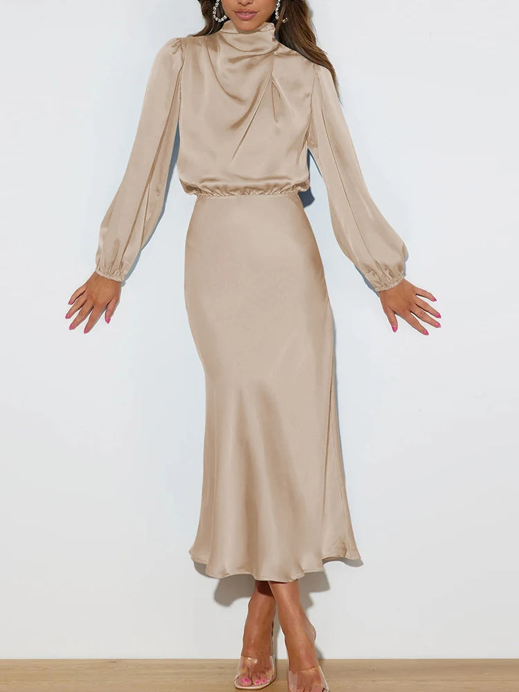Women Party Long A-line Dress Fashion Autumn New High Quality Satin Long Sleeve Loose Fitting Dress Elegant Women Evening Dress
