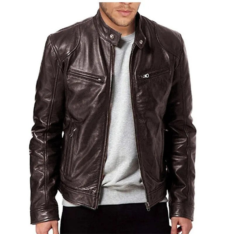 2023 New Men's Windproof Motorcycle Lapel Inclined Zipper Jacket Men's Fashion Leather Jacket Slim Standing Collar PU Jacket 5XL