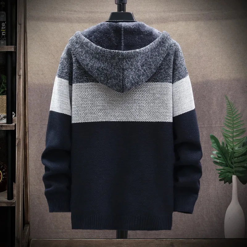 2023 Autumn Winter Fleece Hooded Sweatercoat Striped Knitted Cardigan Men Warm Casual Sweater Jackets Thick Knit Windbreaker Man
