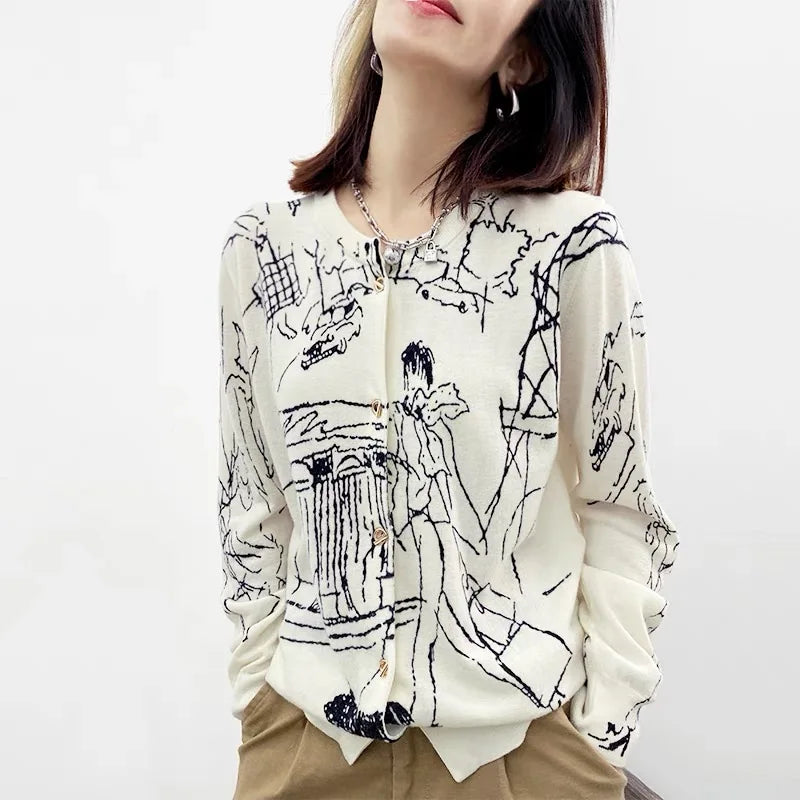 2023 Spring Thin Knitted Graffiti Cardigan Women's Korean Style Fashion Elegant And Chic Top Fine imitation Wool Popular Style
