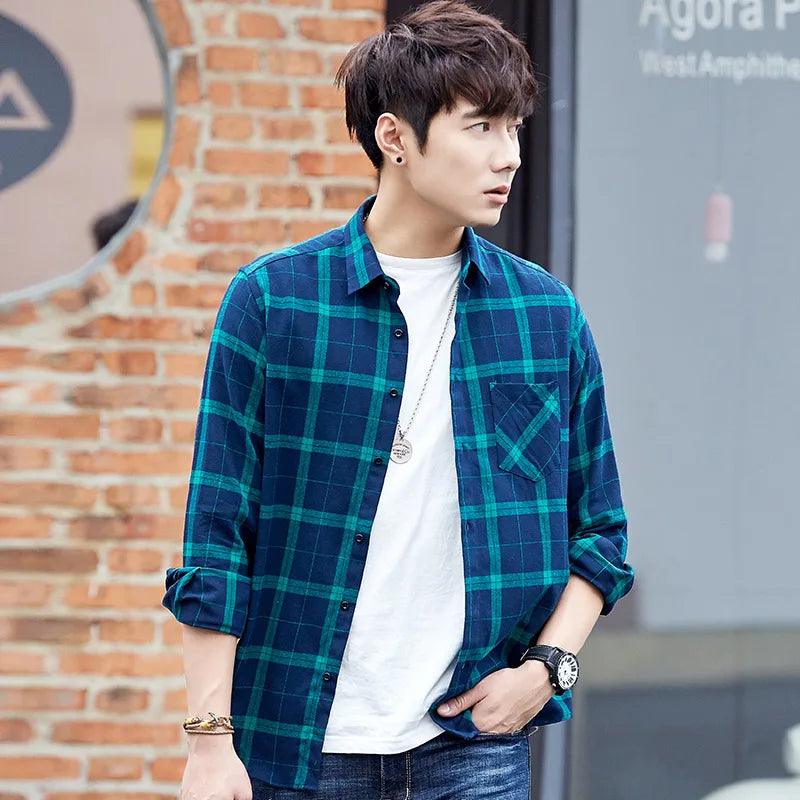 2023 Pure Cotton Classical Men's Plaid Casual Warm Shirts Full Sleeve Brushed Fabric Soft Comfortable Regular Fit Male Shirts