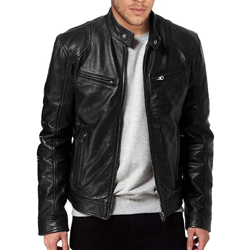 2023 New Men's Windproof Motorcycle Lapel Inclined Zipper Jacket Men's Fashion Leather Jacket Slim Standing Collar PU Jacket 5XL