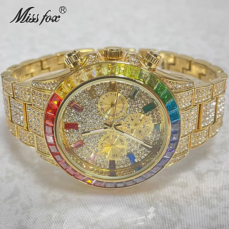 2022 Luxury Brand MISSFOX Gold Hip Hop Watches Men Fashion Rainbow Diamond Waterproof Smart Watch Full Steel Sports Clocks Male