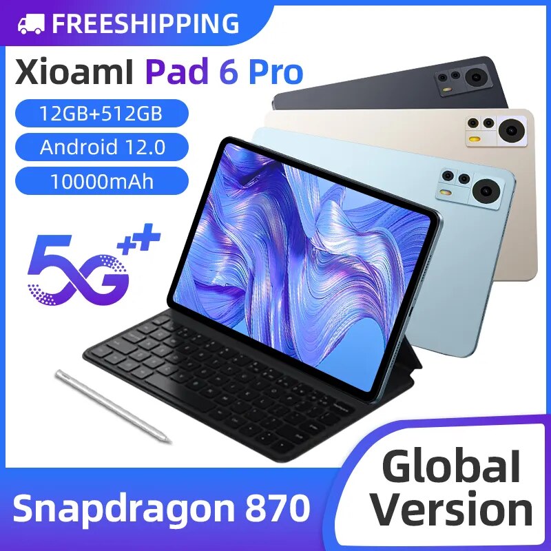 2023 Original Global Version 12GB+512GB Snapdragon 870 Tablets PC Tablet Android Pad 6 Pro 5G Dual SIM Card or WIFI HD 4K Mi Tab