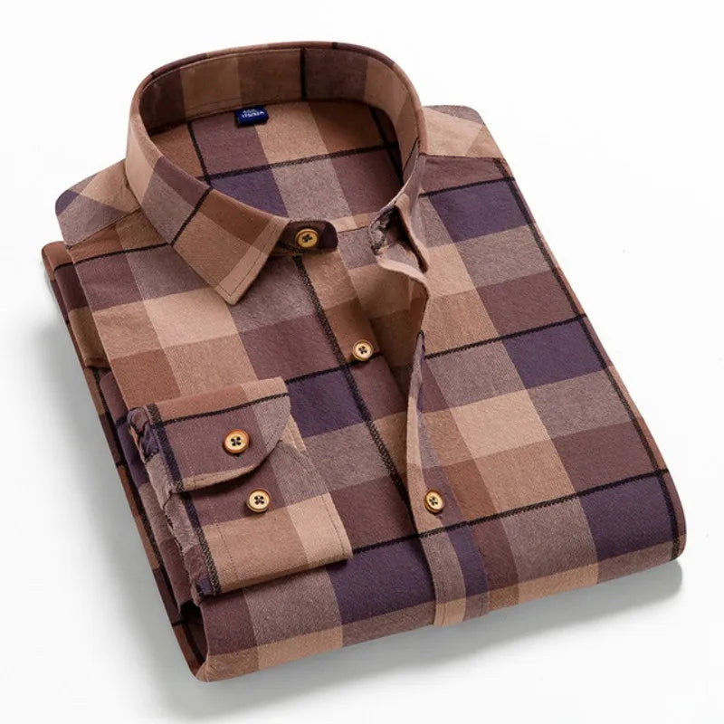 2023 Pure Cotton Classical Men's Plaid Casual Warm Shirts Full Sleeve Brushed Fabric Soft Comfortable Regular Fit Male Shirts