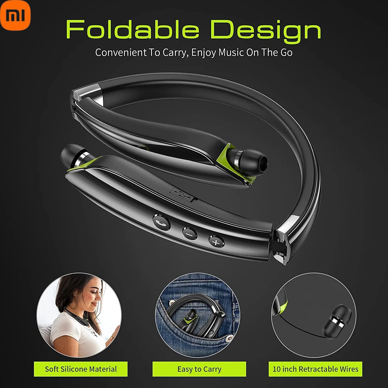 XiaoMI MIJIA SX-991 Bluetooth Headset Neckband Foldable Wireless Headphones Retractable Earbuds Noise Cancelling Hifi Stereo