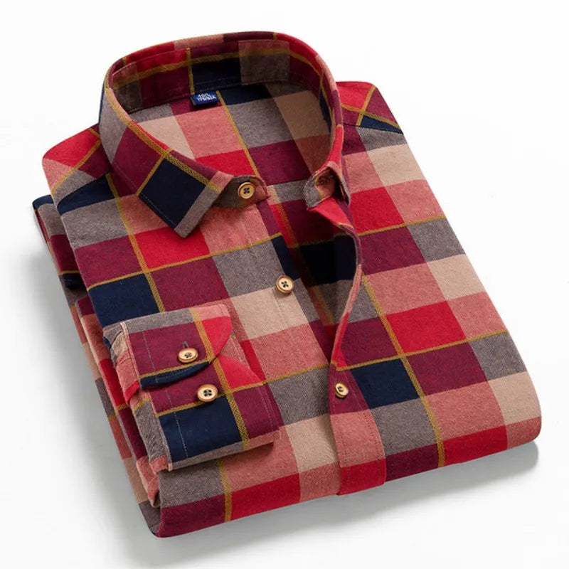 2023 Pure Cotton Classical Men's Plaid Casual Warm Shirts Full Sleeve Brushed Fabric Soft Comfortable Regular Fit Male Shirts