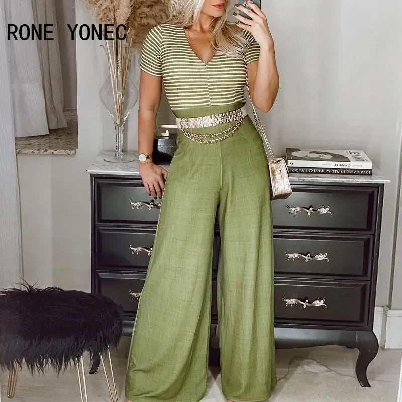 Women Elegant Chian Decoration Sashes Short Sleeves V Neck Stripe & Solod Patchwork  Straight Leg Casual Jumpsuit