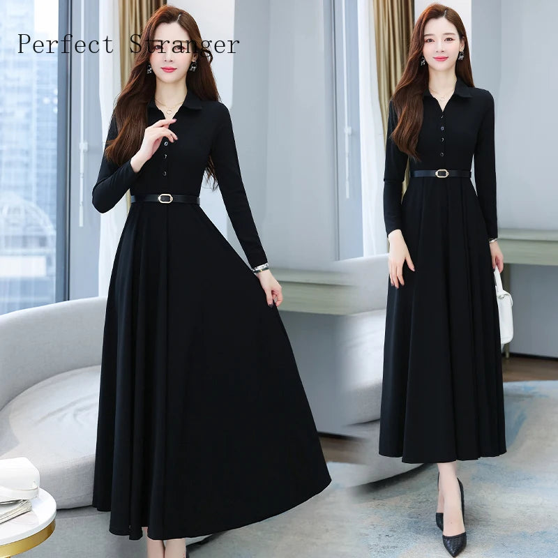 2022 Autumn New Arrival High Quality Turn-down Collar Solid Color M-4XL Long Sleeve Women Long Dress With Belt