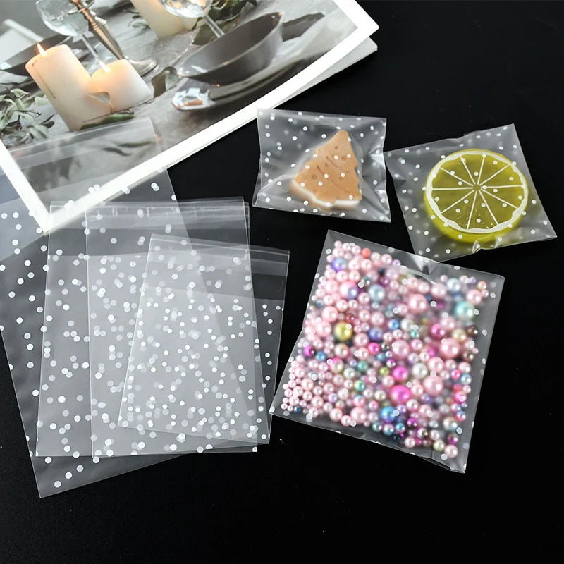 100pcs Plastic Transparent Packing Cellophane Bags Polka Dot Candy Cookie Gift Bag DIY Self Adhesive Pouch Candy Bags for Party