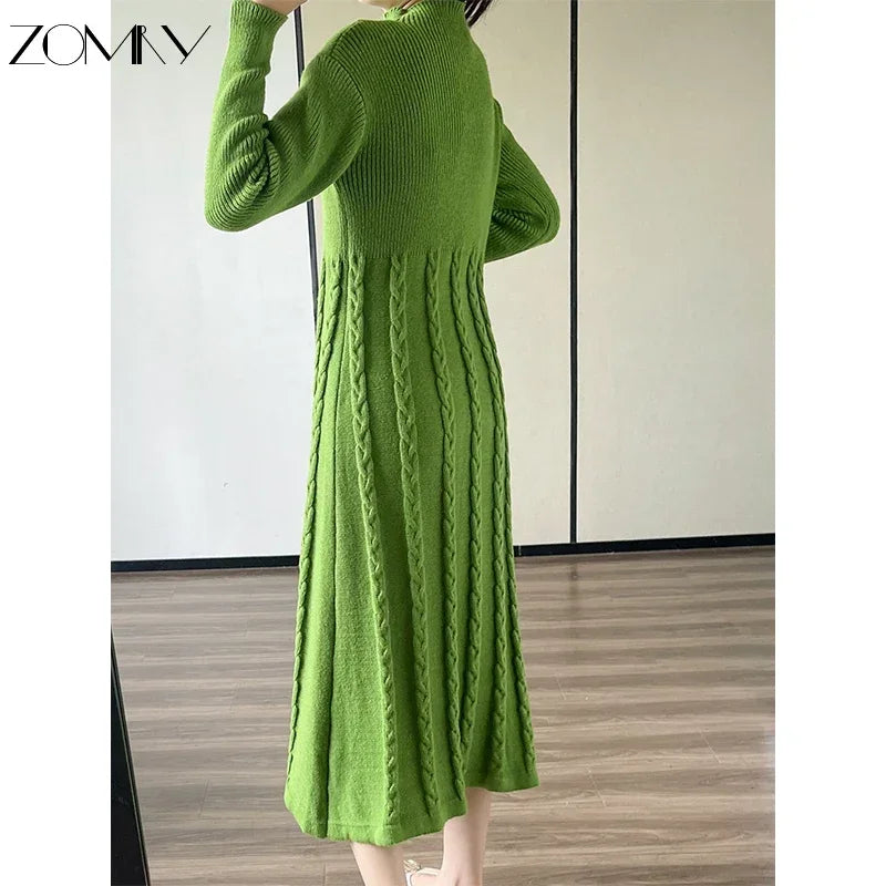 ZOMRY Women's Sweater Knitting Dress Autumn Winter 2023 New Regulai Fit A-line Solid Draped Casual Warm High Quality Clothing