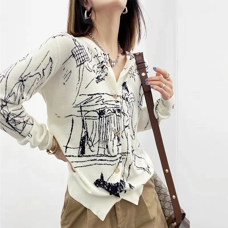 2023 Spring Thin Knitted Graffiti Cardigan Women's Korean Style Fashion Elegant And Chic Top Fine imitation Wool Popular Style