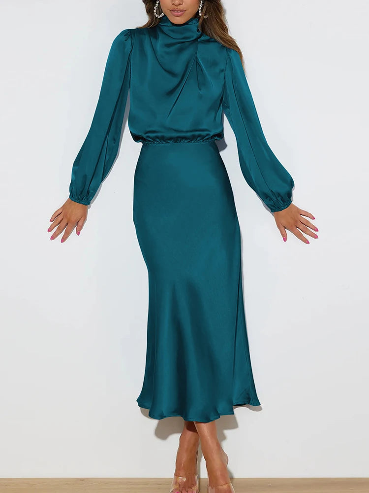 Women Party Long A-line Dress Fashion Autumn New High Quality Satin Long Sleeve Loose Fitting Dress Elegant Women Evening Dress