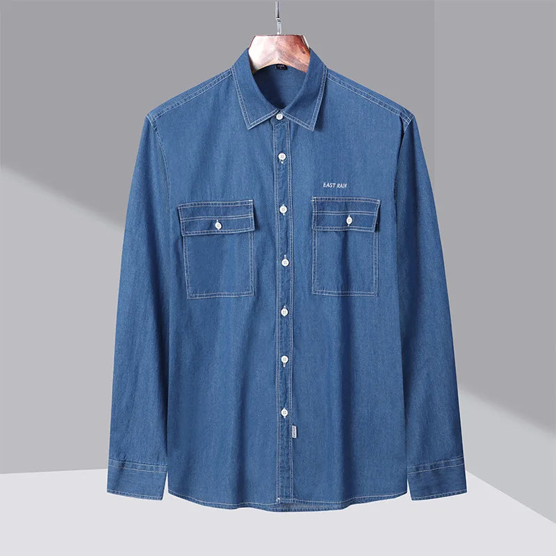 2023 Spring New Men'S Casual Fashion Denim Long Sleeve Shirt Blue Lapel Double Pocket Loose Top Pure Cotton Denim Shirt Jacket