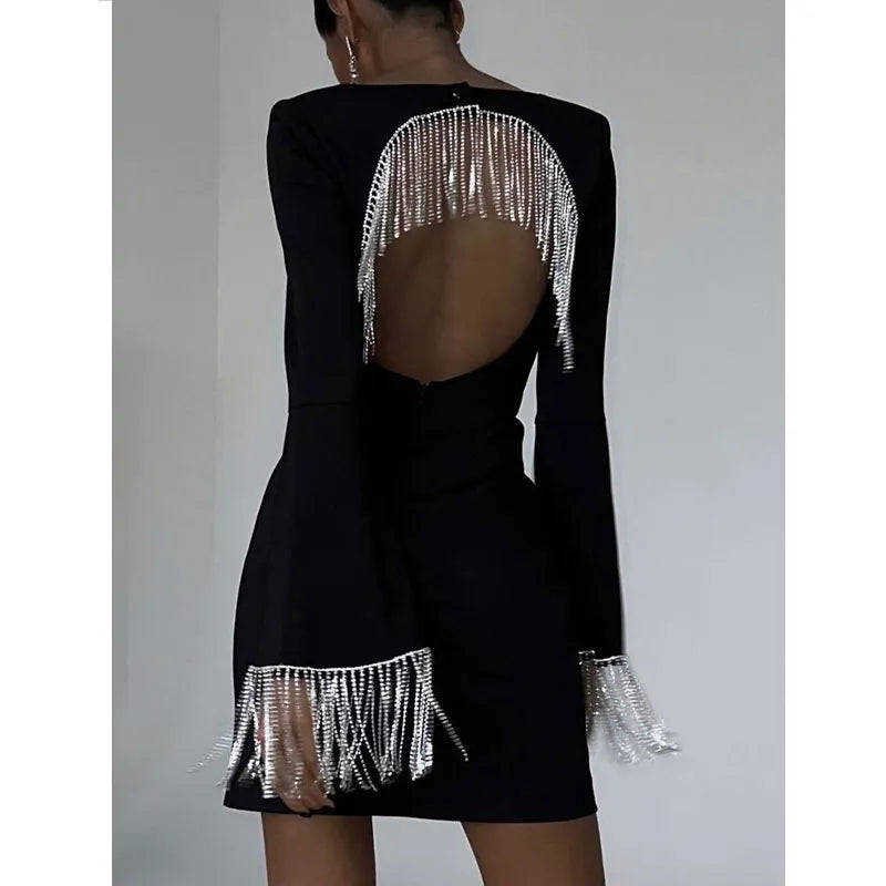2023 autumn and winter square neck diamond chain tassel backless dress autumn high-quality trumpet sleeve bag hip skirt women's