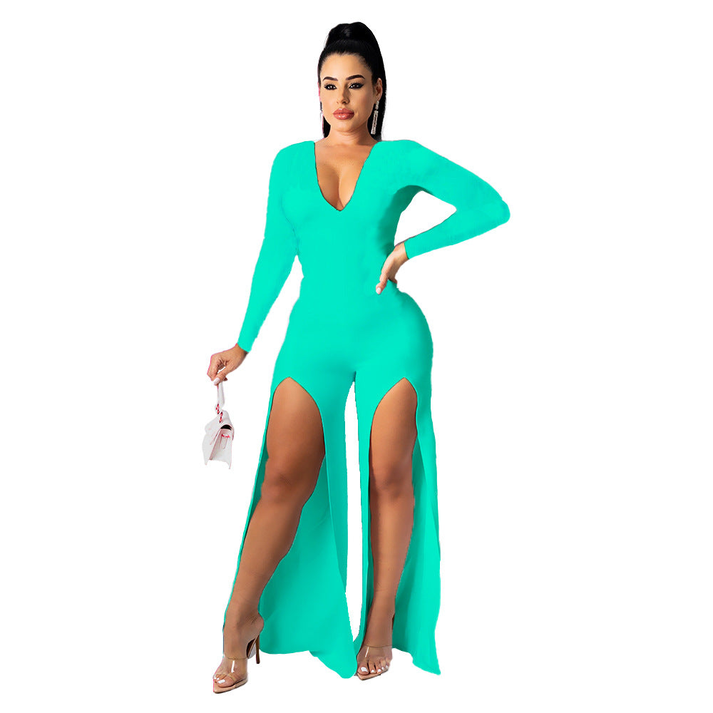 Women's V-neck Solid Color Split Leg Jumpsuit