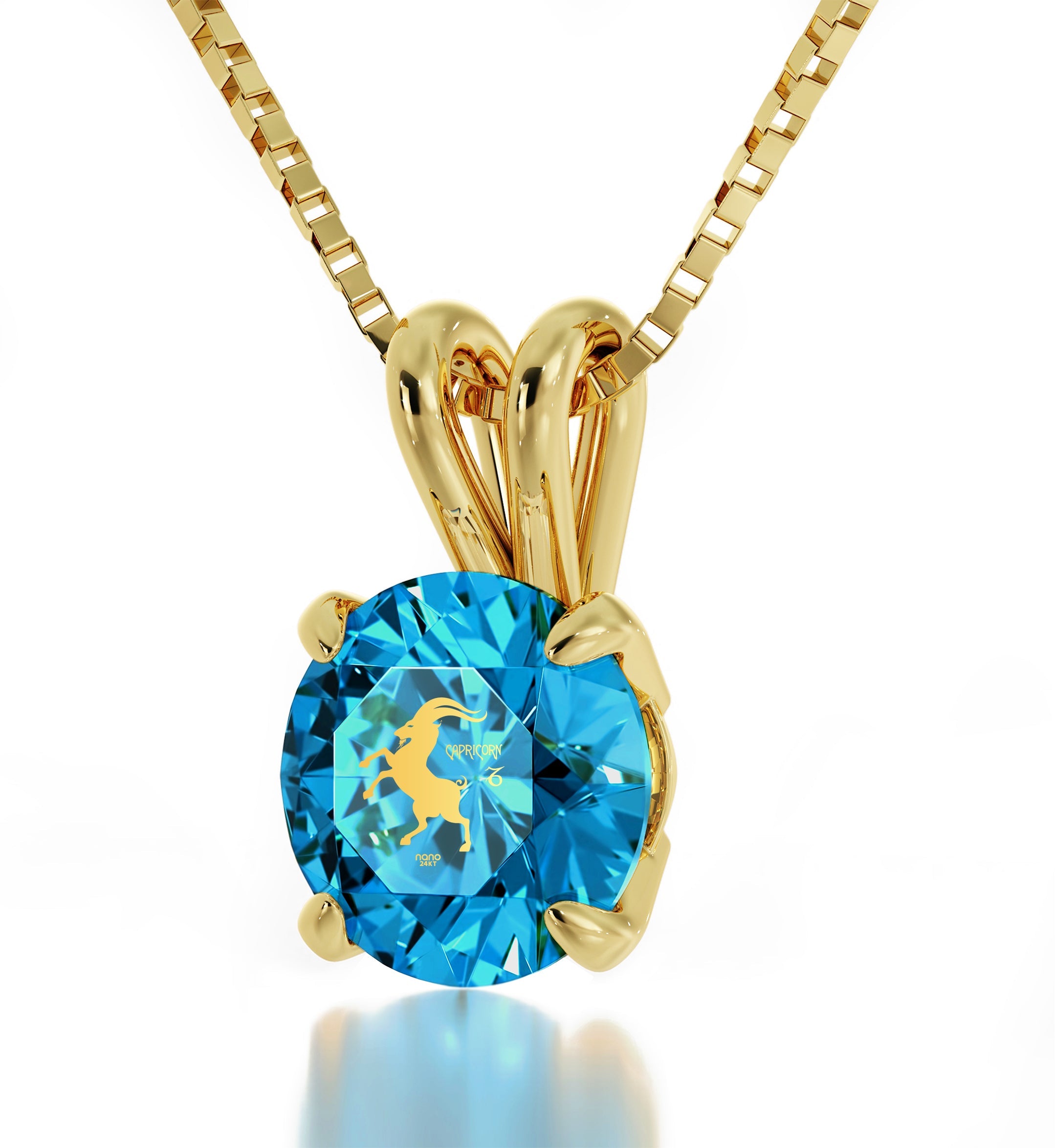 14k Yellow Gold Capricorn Necklace Zodiac Pendant 24k Gold inscribed on Crystal