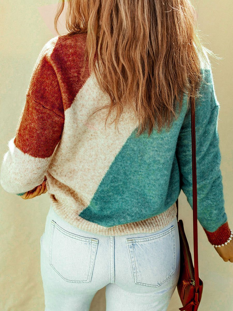 Women's Pullover Round Neck Multicolor Threaded Long Sleeve Top - QWIEL®