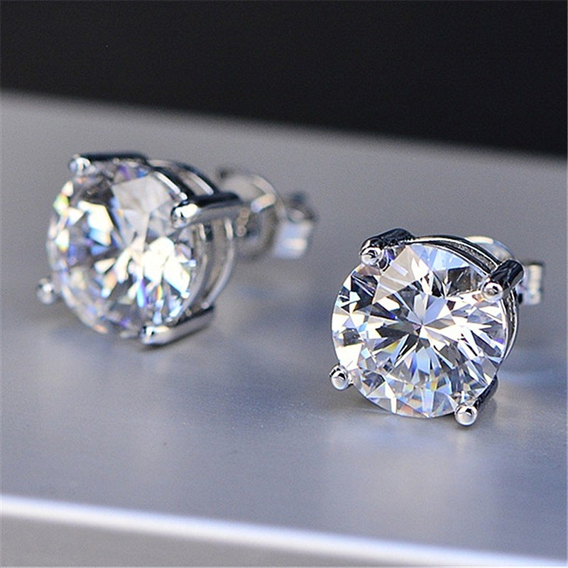 Women's White Diamond Round Cut Four-claw Stud Earrings