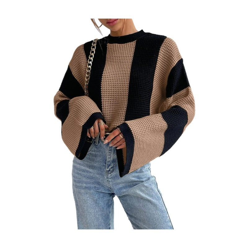 Women's Round Neck Striped Design Niche Knitted Sweater Top - QWIEL®