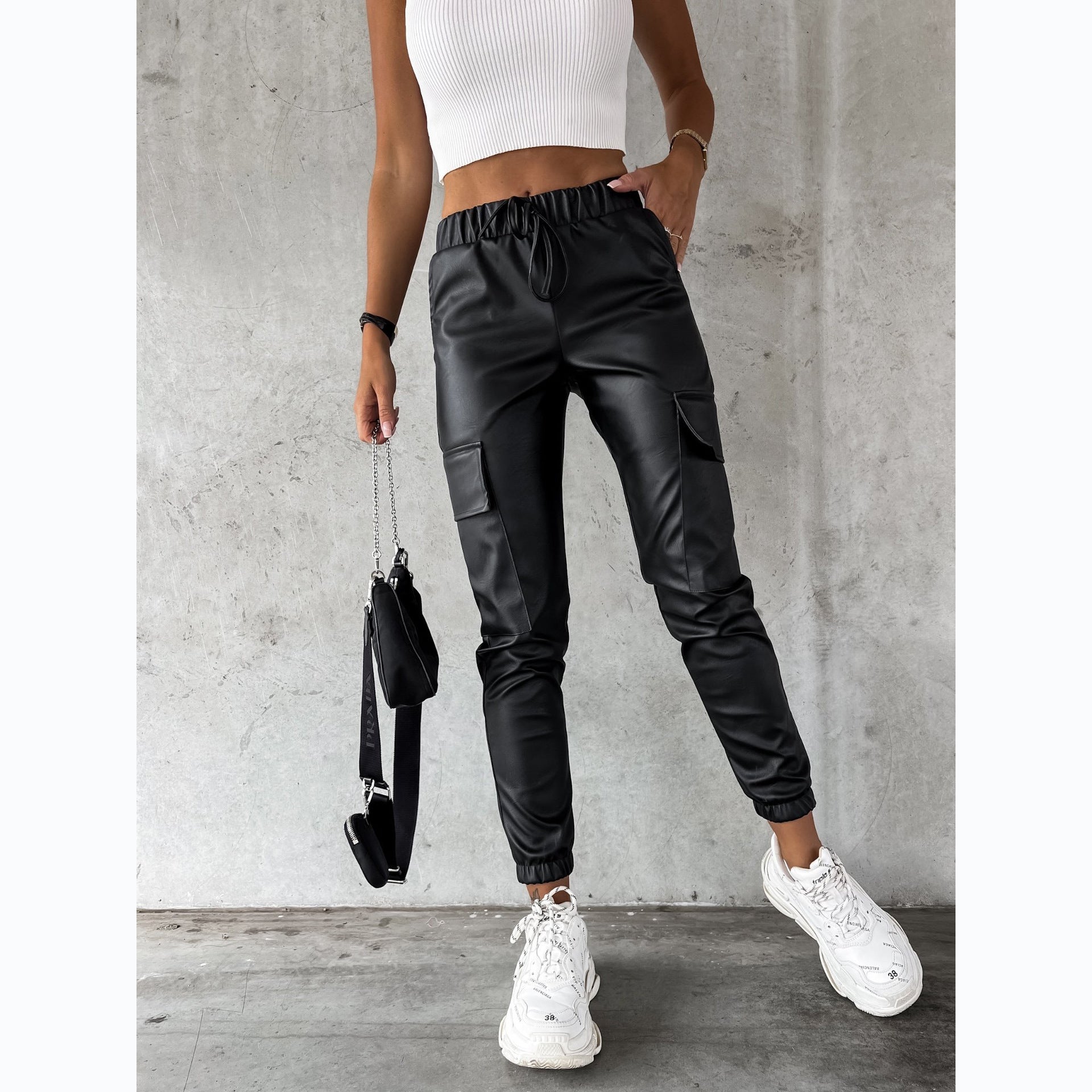 Women's Waist-tight Street Tether Leather Pants