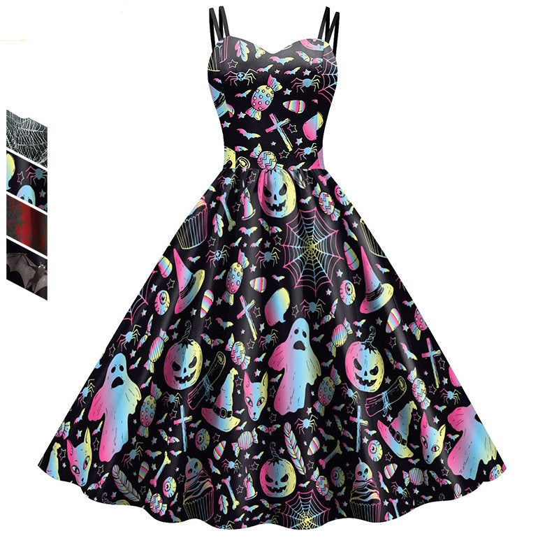 Women's Wansheng Sling Skull Spider Web Digital Printed Dress - QWIEL®