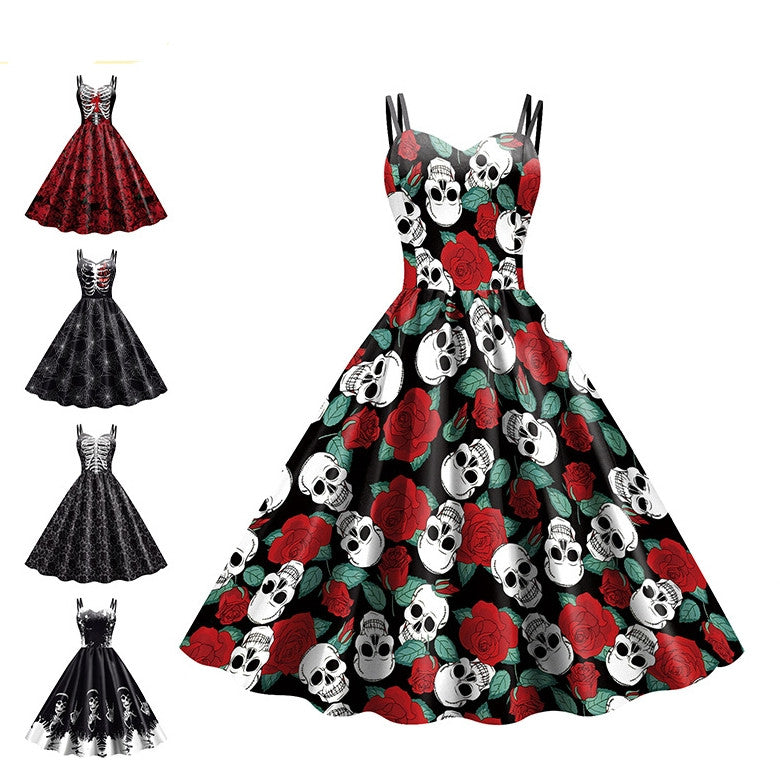 Women's Wansheng Sling Skeleton Skull Digital Printed Dress - QWIEL®