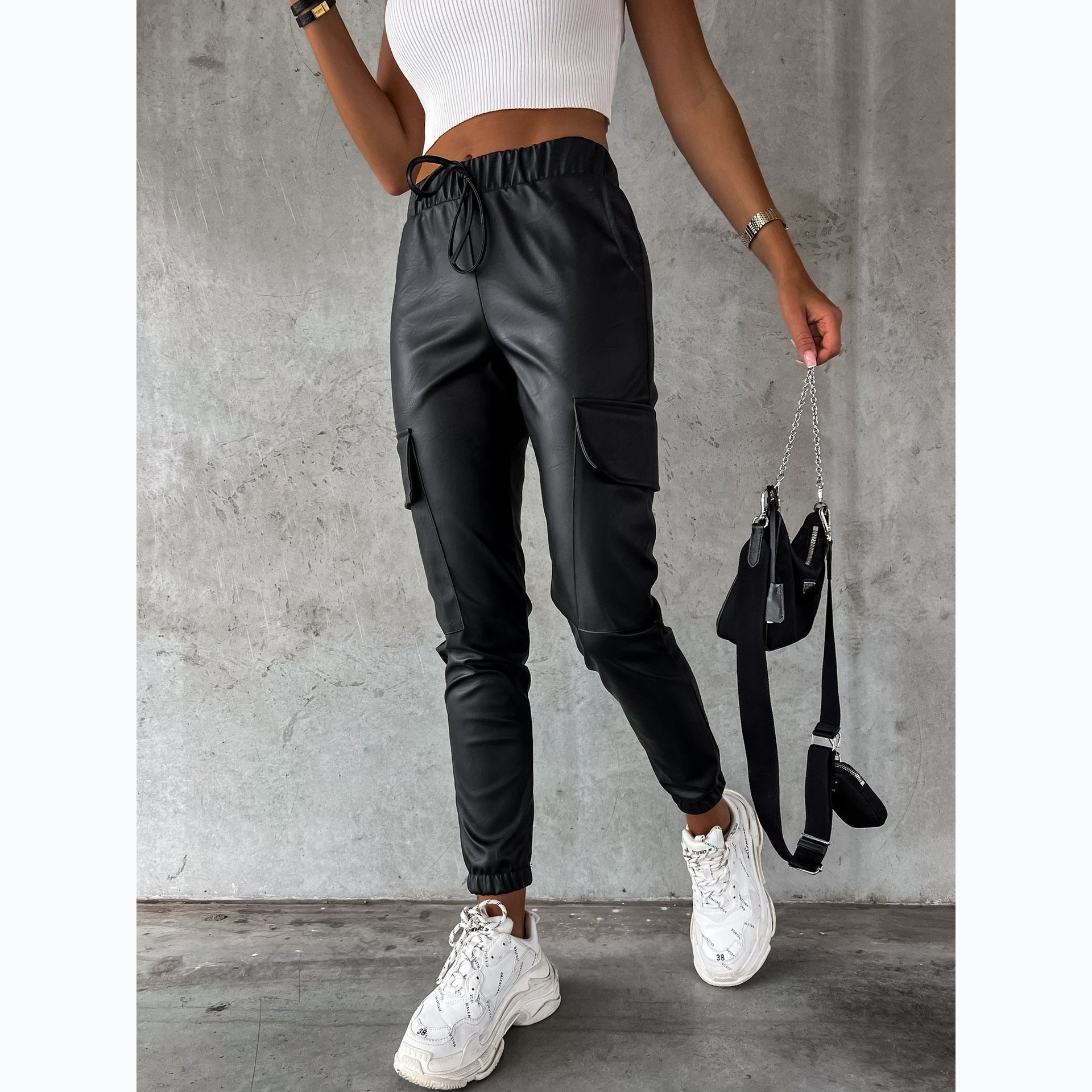 Women's Waist-tight Street Tether Leather Pants