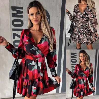 Women's Long-sleeved Fashion Printed Waist-controlled Lace-up Shirt Dress