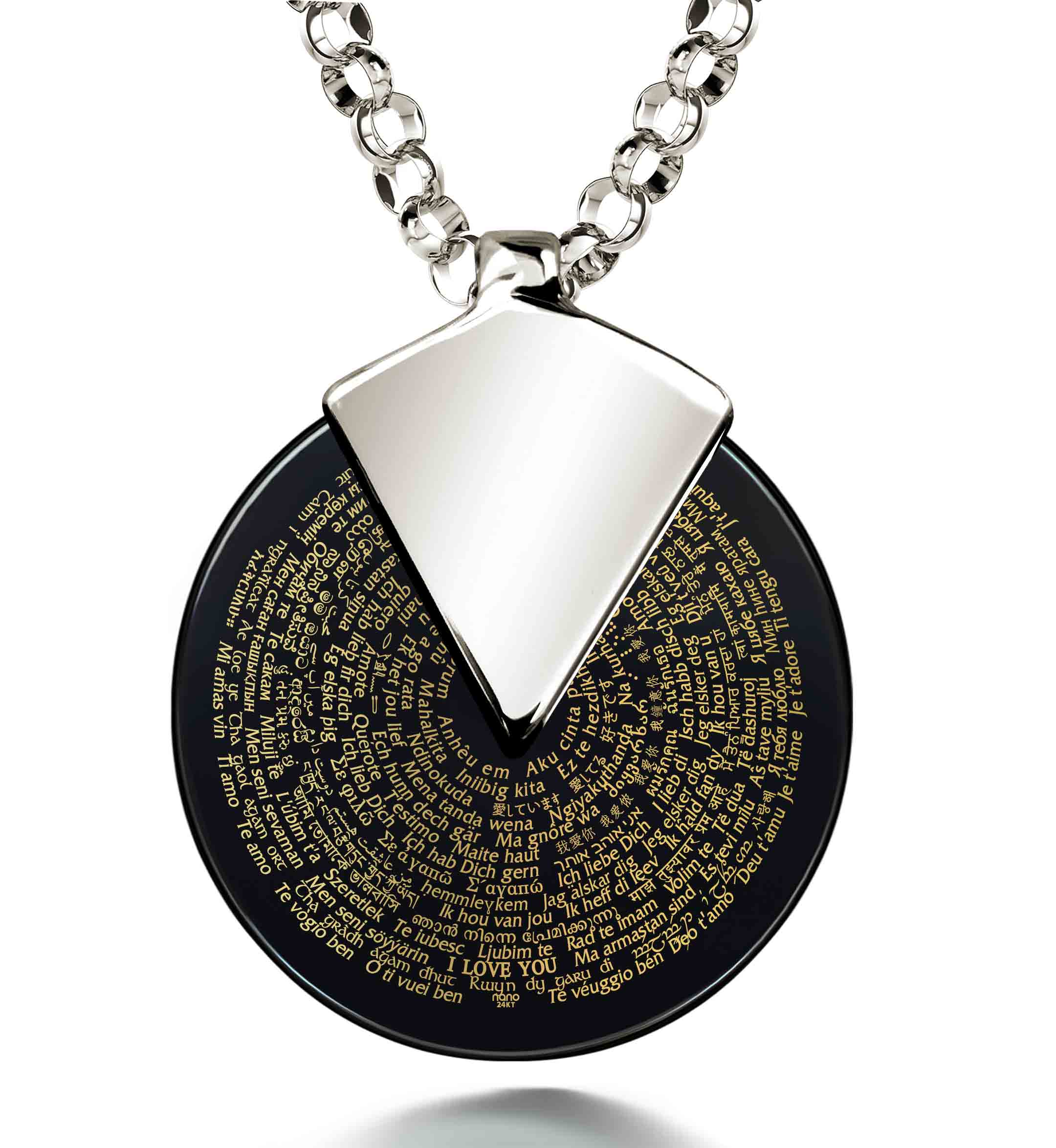 I Love You Necklace in 120 Languages 24k Gold Inscribed on Spinning Round Onyx