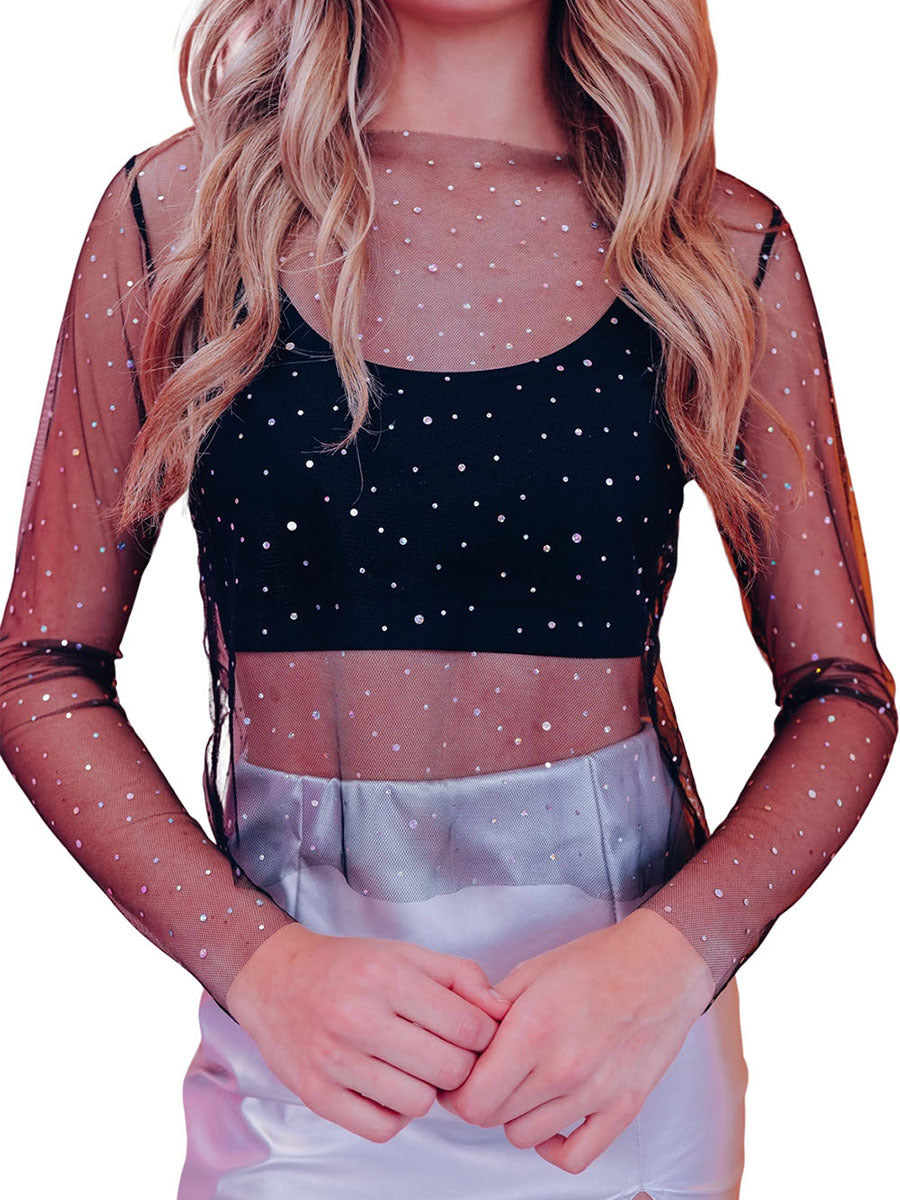 Women's Thin Rhinestone Mesh Long-sleeved Top