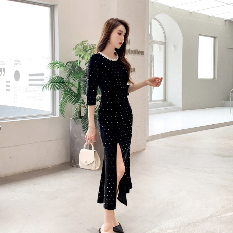 Women's Three-quarter Sleeve Beaded Light Diamond Long Dress