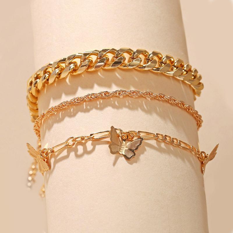 3 Piece Chain and Butterfly Bracelet Set 18K Gold Plated Bracelet ITALY Design