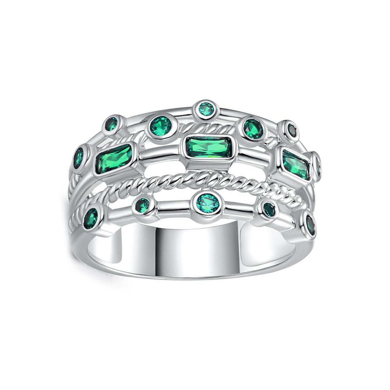 18K White Gold Plated 5 Layer Green Emerald Ring