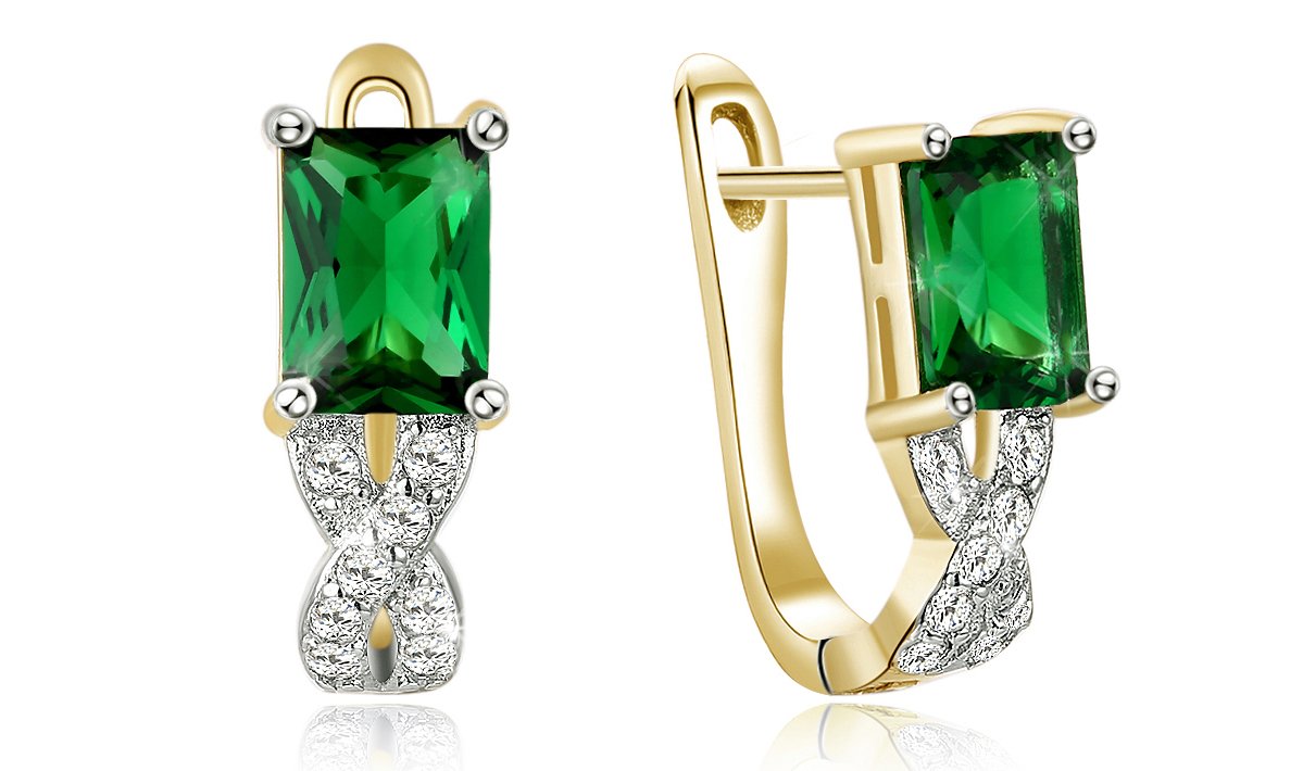 14K Gold Plating Emerald Cut Green Elements Twisted Pav'e Lever back Earrings ITALY Design