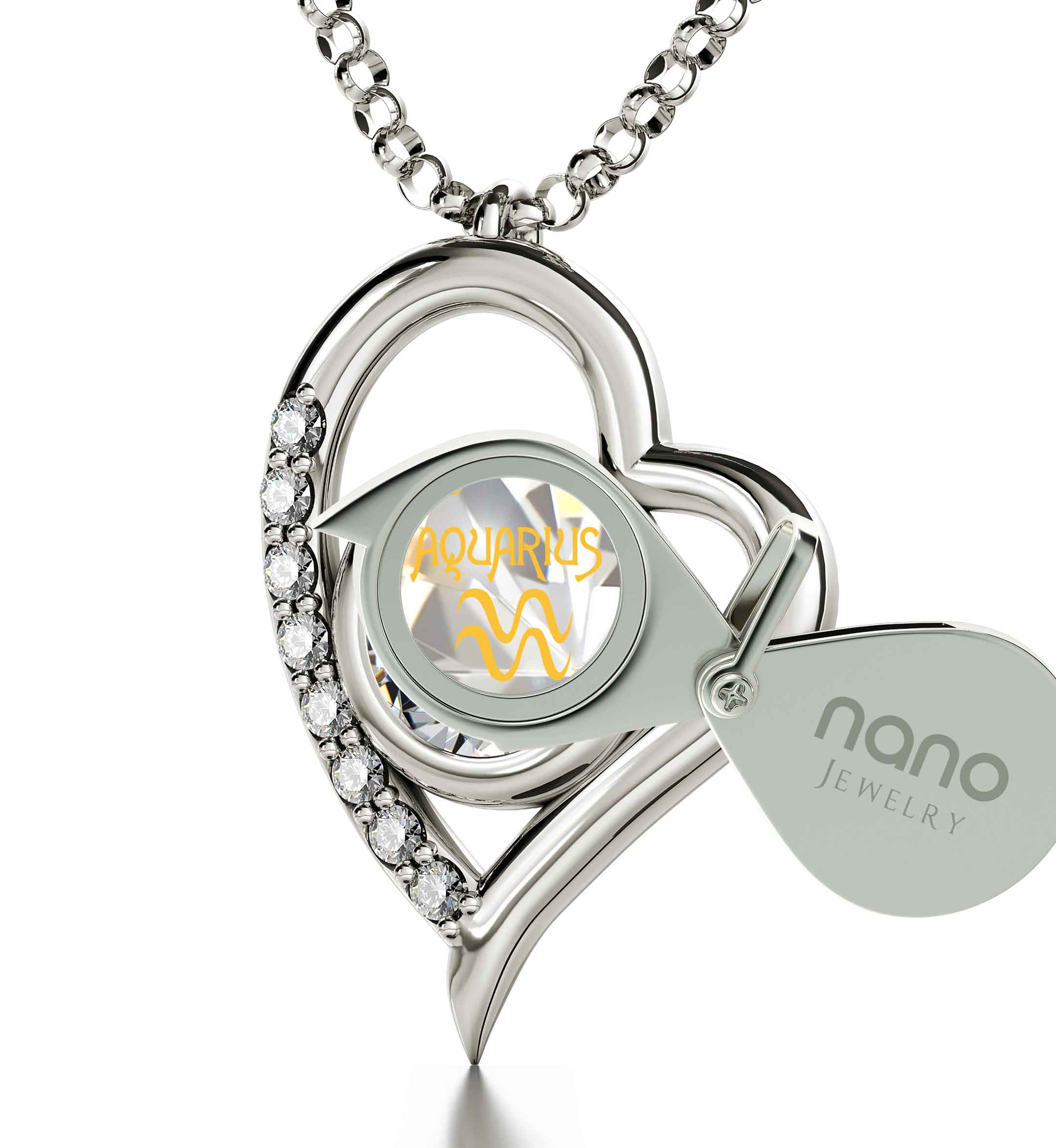 925 Sterling Silver Aquarius Necklace Zodiac Heart Pendant 24k Gold inscribed on Crystal