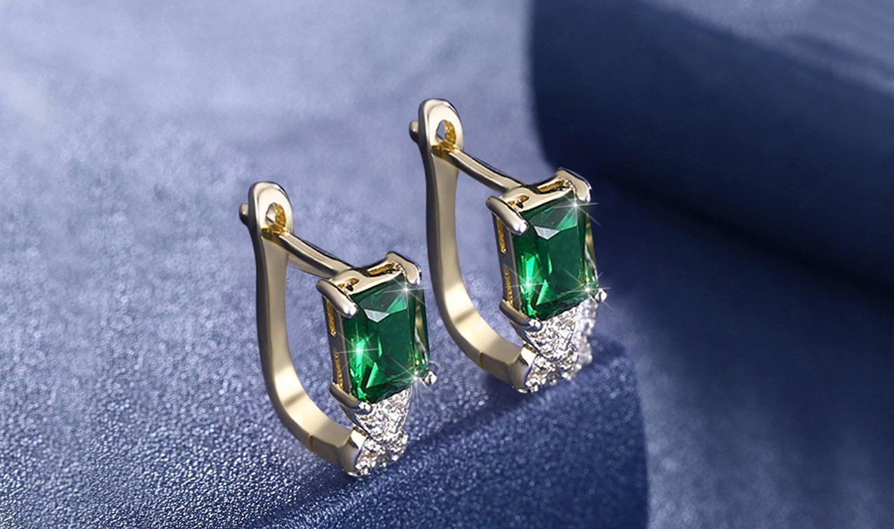 14K Gold Plating Emerald Cut Green Elements Twisted Pav'e Lever back Earrings ITALY Design