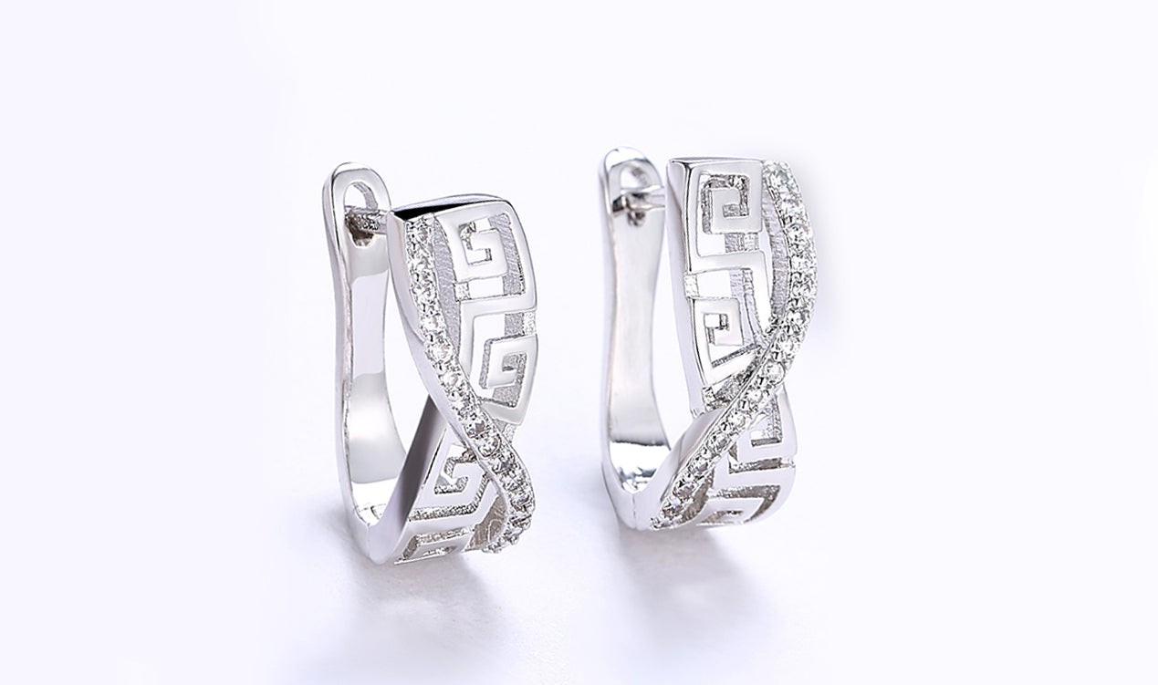 14K White Gold Plated White Sapphire Pav'e Greek Key Design Pav'e Curved Hinge Earrings