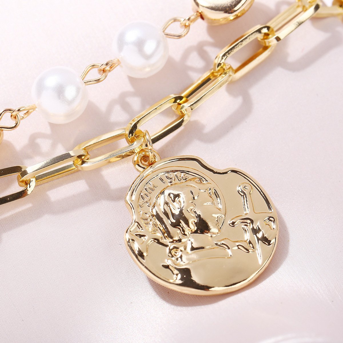 2 Piece Pearl Coin Head Necklace 18K Gold Plated Necklace ITALY Design