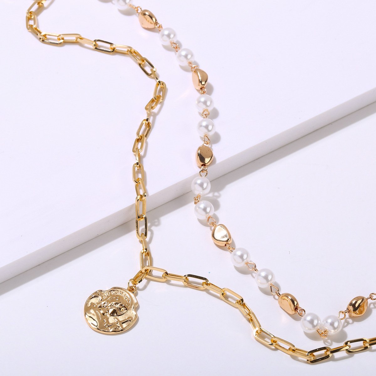 2 Piece Pearl Coin Head Necklace 18K Gold Plated Necklace ITALY Design