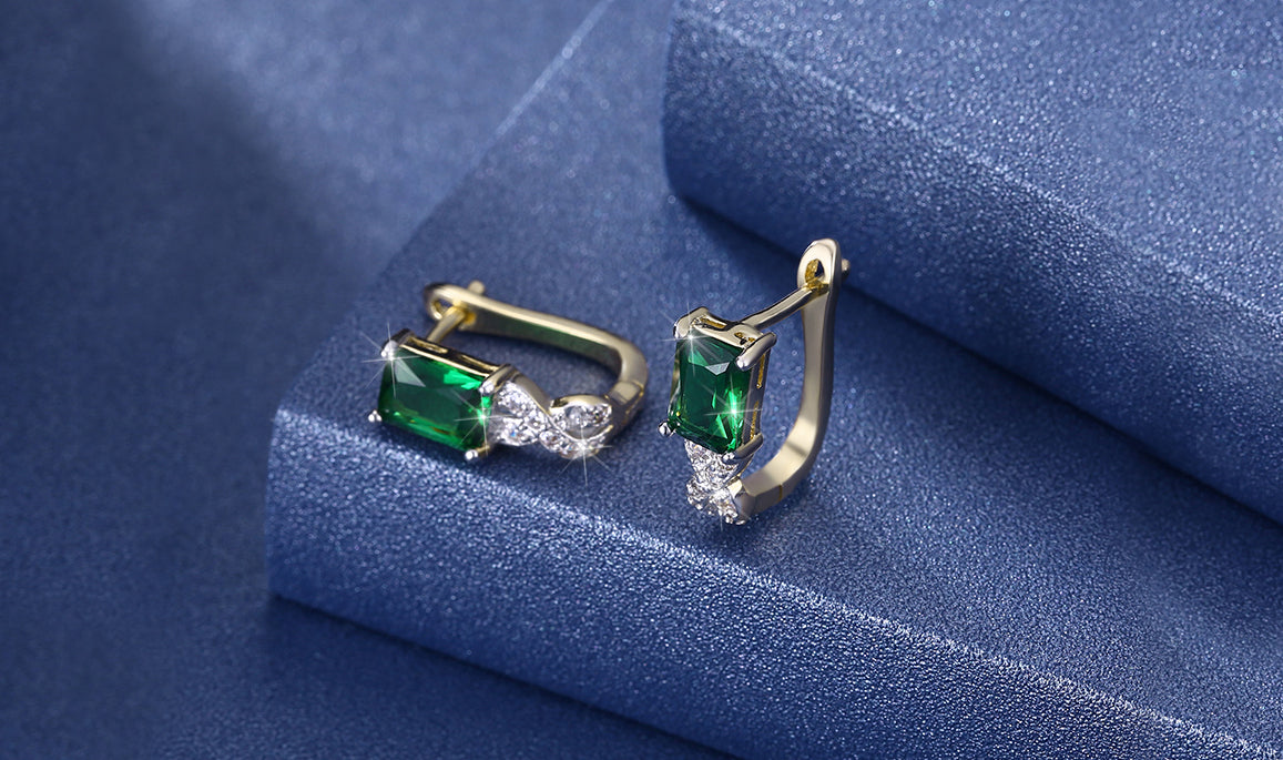 14K Gold Plating Emerald Cut Emerald Twisted Pav'e Lever back Earrings