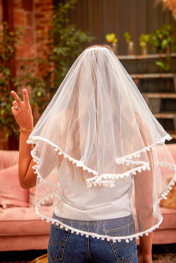 White Pom Pom Bachelorette Party Veil