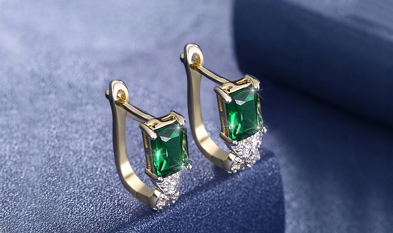 14K Gold Plating Emerald Cut Emerald Twisted Pav'e Lever back Earrings