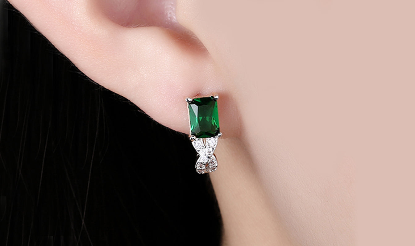 14K Gold Plating Emerald Cut Emerald Twisted Pav'e Lever back Earrings