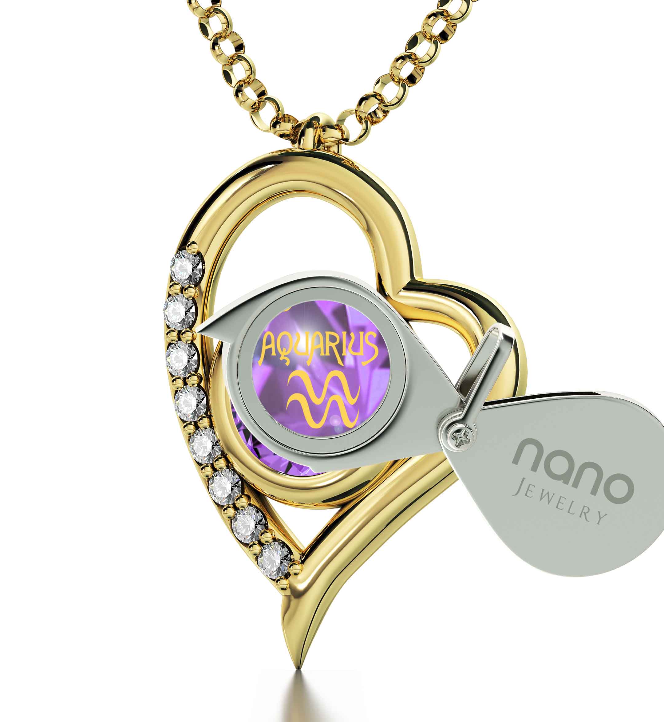 Gold Plated Silver Zodiac Heart Pendant Aquarius Necklace 24k Gold inscribed on Crystal