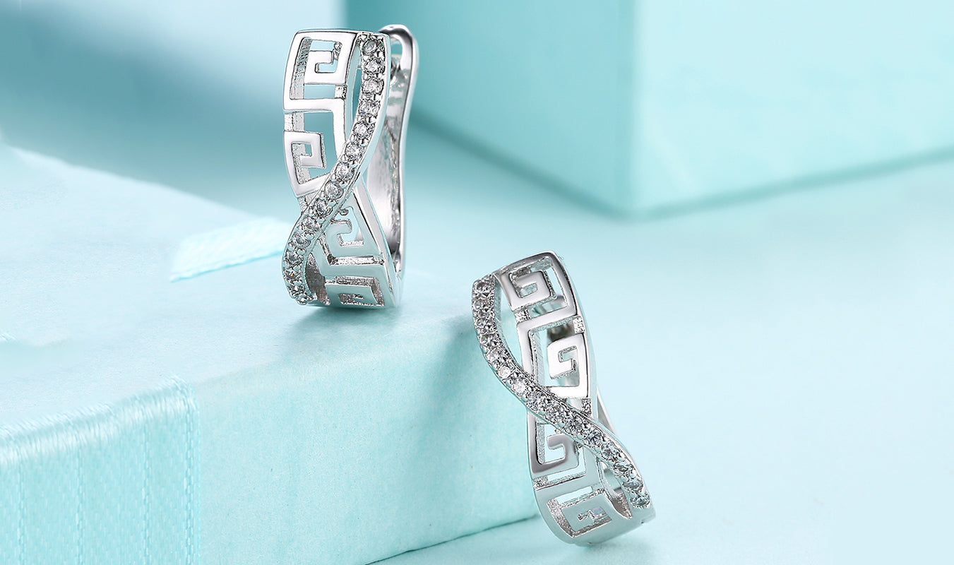 14K White Gold Plated White Sapphire Pav'e Greek Key Design Pav'e Curved Hinge Earrings
